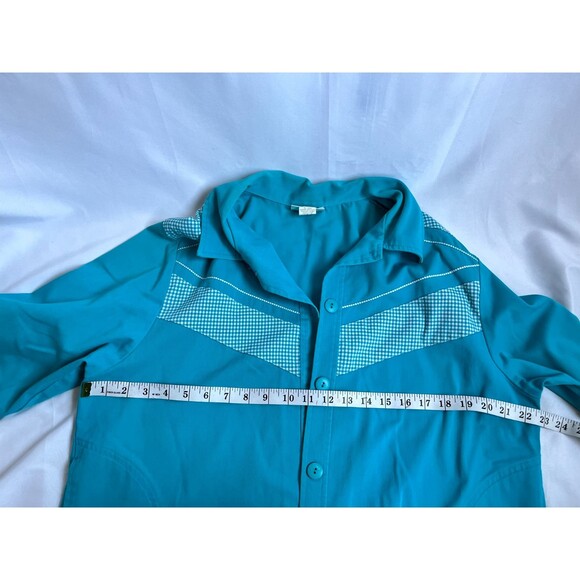 Vintage G.W. Gingham Turquoise Blue Shacket Button Down Quirky 80s Petite L - Picture 6 of 9